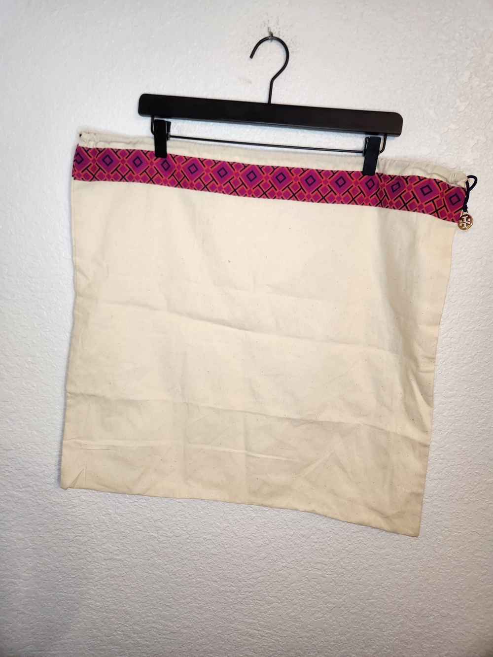 Tory Burch drawstring dust bag Neutral canvas tote pink patterned trim